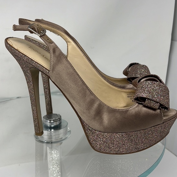 Enzo Angiolini Sz 8.5M Taupe Beige Satin and Glitter Peep Toe Stiletto Heels - Picture 6 of 11